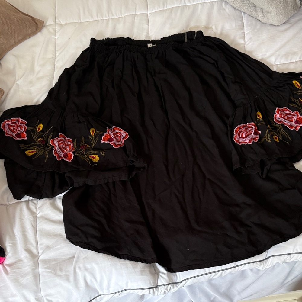 Floral Embroidered Black Shirt